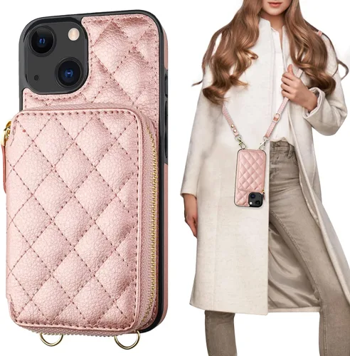 Miniatura 13 de Bocasal Funda tipo cartera con bandolera para iPhone 13, de cuero PU con bloqueo RFID, con cierre de cremallera, cartera tipo bolso con función Gris