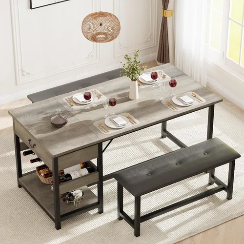 GarveeHome Juego de mesa de comedor para 4, juego de mesa de comedor de cocina con bancos tapizados, mesa de comedor de cocina con cajones de
