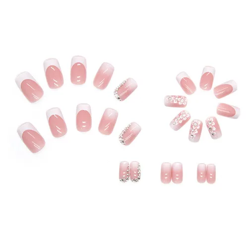 Miniatura 3 de 24 uñas postizas a presión de punta francesa, uñas acrílicas medianas falsas/falsas con diamantes de imitación de flores, diseños de punta francesa