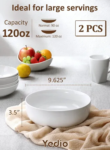 Miniatura 2 de Juego de 2 cuencos grandes para servir pasta de 120 onzas, 24.6 cm, cuencos grandes de porcelana para ensalada de cocina, grandes cuencos blancos