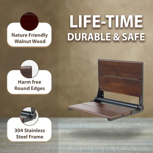 Miniatura 5 de Asiento de ducha de nogal, madera de contorno, banco plegable de montaje en pared para ducha interior, ADA Safety Aid, acero inoxidable 304, negro