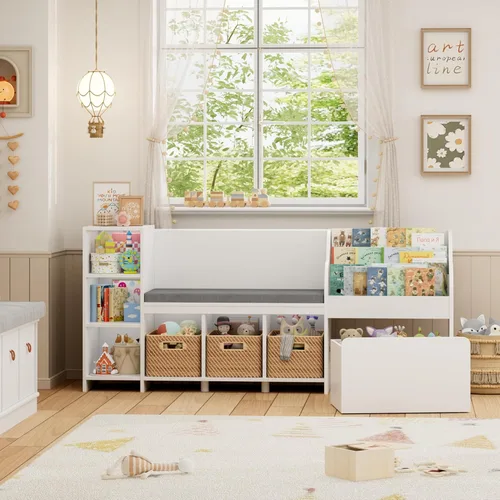 Miniatura 5 de HOSTACK Rincón de lectura para niños de 67 pulgadas de ancho con organizador de almacenamiento de juguetes, estantería grande para niños con caja