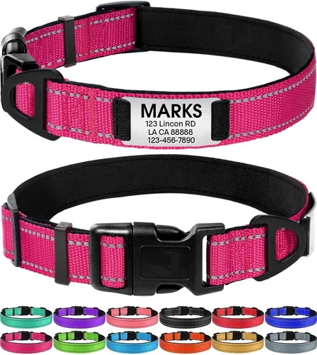 Joytale Collares para perros personalizados, collar de nailon reflectante con placa de nombre grabada, personalizado para perros grandes, rosa Rosa