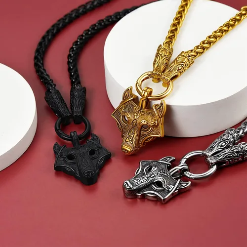 Miniatura 4 de FaithHeart Collar grueso de collar vikingo nórdico punk, de acero inoxidable, nudo celta, cabeza de lobo, amuleto, joyería de regalo