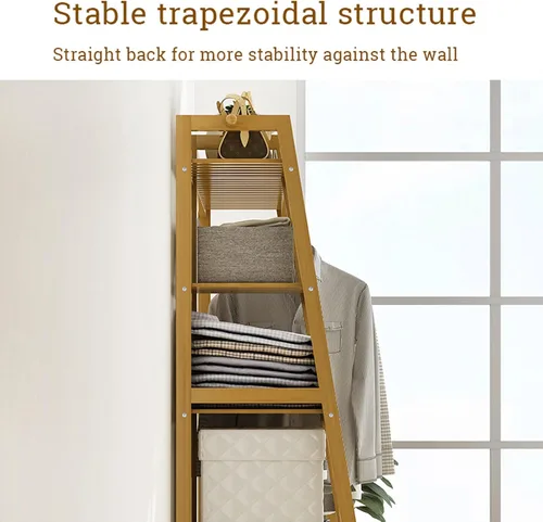 Miniatura 7 de Perchero de bambú para ropa, con estantes de almacenamiento y ganchos, organizador de almacenamiento de ropa abierto para entrada, dormitorio, sala
