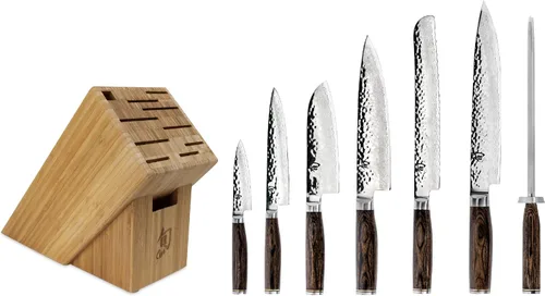 Shun Premier - Juego de bloques profesionales de 8 piezas, cuenta con 6 cuchillos Shun Premier, acero de afilado y bloque de cuchillos de bambú de
