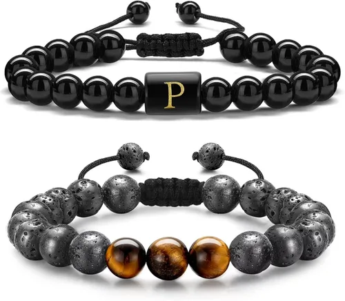 STORUP Pulseras de cuentas con iniciales para hombre, piedra de lava de ojo de tigre de 0.315in, hechas a mano con letras de obsidiana, pulseras