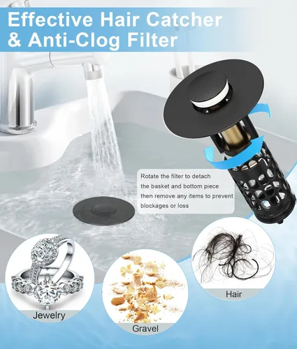 Miniatura 6 de QYHNYJF Tapón de lavabo de baño mejorado con recogedor de pelo, tapón de drenaje universal emergente, sello de acero inoxidable y silicona