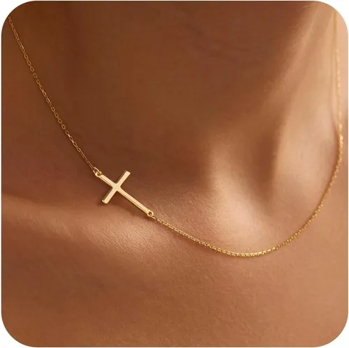 Miniatura 72 de Collar de cruz para mujeres y niñas, delicado chapado en oro de 14 quilates, gargantilla con dije de cruz que no se deslustra, impermeable, moderno