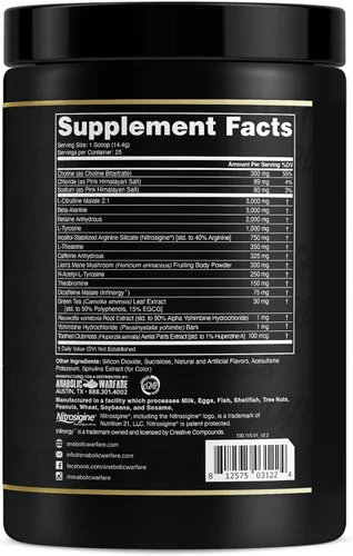 Miniatura 3 de Anabolic Warfare Black Series Maniac, polvo de pre-entrenamiento, soporta óxido nítrico, aumenta las bombas musculares, apoya la síntesis