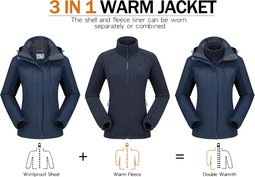 Miniatura 2 de CAMEL CROWN - Chaqueta de esquí para mujer, impermeable, 3 en 1, chaqueta de invierno resistente al viento, forro polar cálido, con capucha