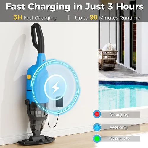 Miniatura 4 de Aspiradora inalámbrica para piscina sobre el suelo, aspiradora de piscina recargable con poste telescópico de 69 pulgadas, succión de 20 GPM, tiempo