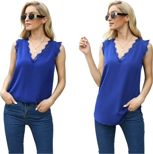 Miniatura 131 de VIISHOW - Camiseta sin mangas, sexy, con cuello en V y bordes de encaje para mujer, camisola de vestir, camisas de gasa, sin mangas, casuales