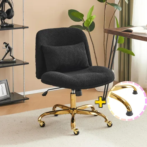 VINGLI Silla de oficina ancha con patas cruzadas, silla de escritorio ergonómica cómoda con almohada y base dorada, doble uso con/sin ruedas, silla
