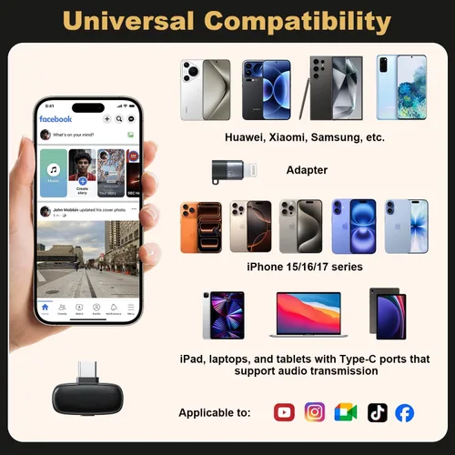 Miniatura 4 de Mini micrófono inalámbrico Lavalier para iPhone, iPad, Android, batería de larga duración de 30 horas, rango inalámbrico de 100 pies, cancelación