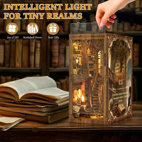 Miniatura 2 de SUNNINO Kit de Rincón de Libros - Kit de Casa de Muñecas en Miniatura DIY, Rompecabezas 3D de Madera con Luz LED, Kits de Rincón de Libros