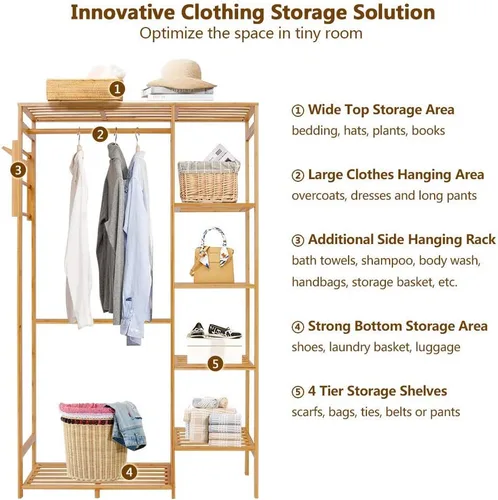 Miniatura 2 de Ufine Perchero de bambú para ropa de 6 niveles, estante colgante de ropa con ganchos laterales, estante de ropa resistente, organizador portátil