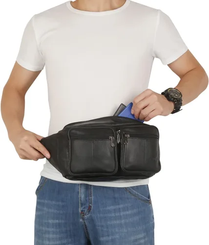 Miniatura 4 de Riñonera de piel auténtica, bolsa de cintura, organizador con cinturón ajustable, múltiples bolsillos para hombres y mujeres, Negro-878 Grande, L