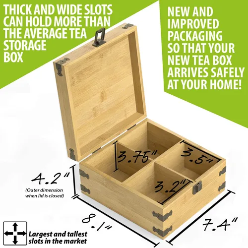 Miniatura 7 de Caja Organizadora de Té 7.4" x 8.1" x 4.2" Organizador de Madera de Bambú Cofre de Almacenamiento 4 Ranuras Altas Ajustables 100% Hecho a Mano