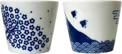 Miniatura 4 de Juego de 2 tazas de sake japonesas - Sakura y Monte Fuji Design, cerámica de color índigo, 3.9 onzas líquidas, para bebidas frías y calientes, taza