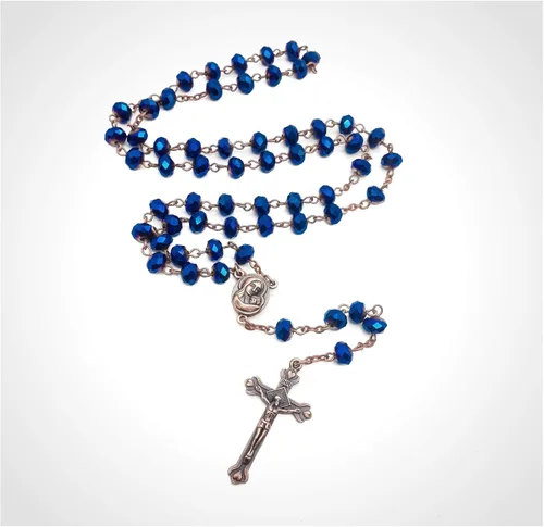 Miniatura 3 de Nazareth Store Collar de rosario de cuentas de cristal azul profundo, oración católica Jerusalén, medalla del suelo sagrado, cruz Tierra Santa