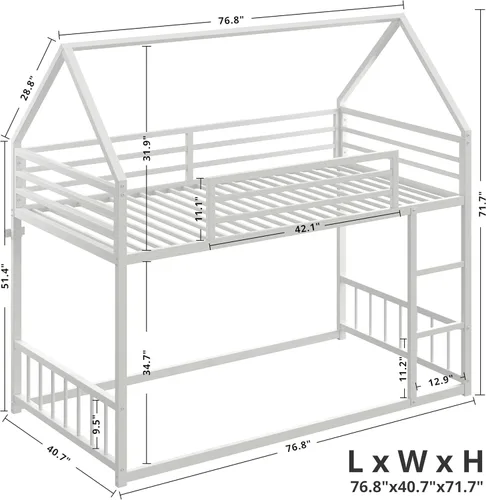 Miniatura 6 de LIKIMIO - Litera de tamaño individual sobre individual, estructura de cama litera con escalera y barandilla, en forma de casa con listones de metal