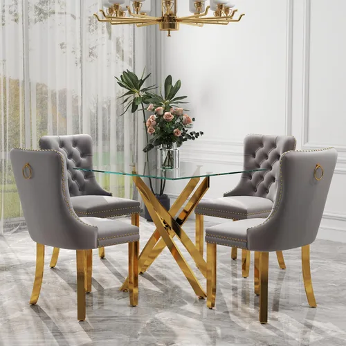 Miniatura 19 de Juego de comedor de 3 piezas con superficie de vidrio transparente, juego de comedor cuadrado minimalista moderno de 36'', juego de mesa de cocina
