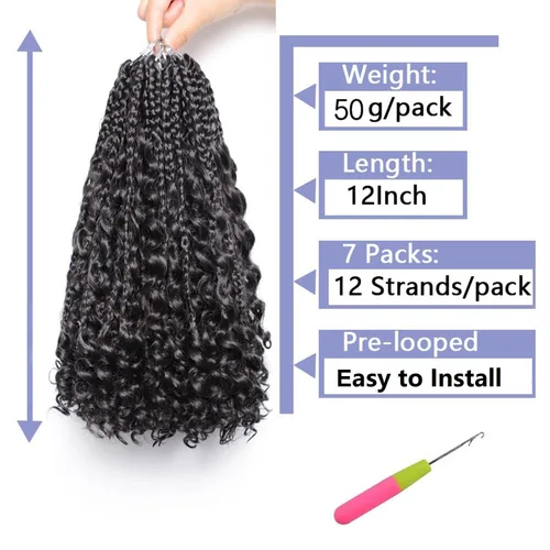 Miniatura 2 de VIOLET Trenzas de caja Goddess de 12 pulgadas, paquete de 7 paquetes, trenzas de caja bohemia a ganchillo, 3 trenzas de ganchillo con extremos