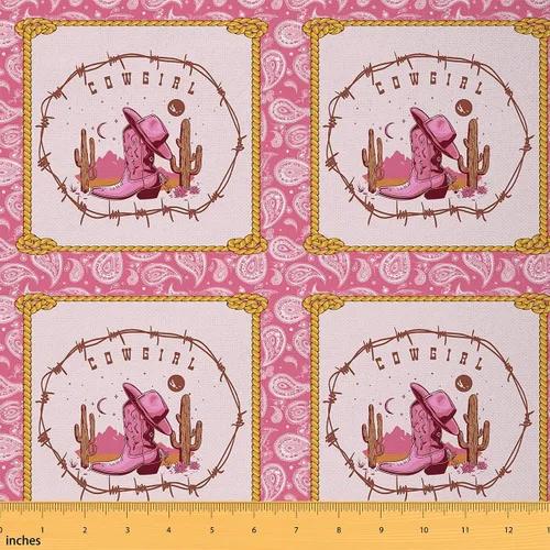 Miniatura 8 de The Yard - Sombrero de vaquera rosa decorativo impermeable para exteriores, tela impresa por The Yard Piel de vaca rosa y blanca, tela de tapicería