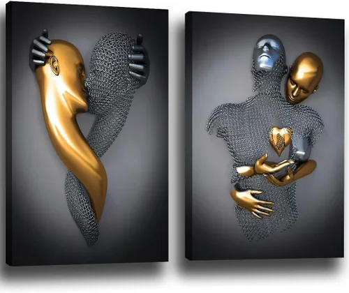 Miniatura 9 de ZEMRARE Corazón de amor 3D efecto metálico negro arte decoración de pared moderna galería pinturas para pared parejas en blanco y negro