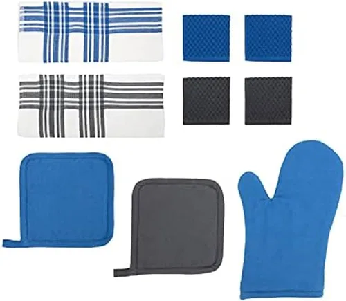 Chicago Metallic Juego de textiles de cocina, manopla y soporte para ollas, toallas de cocina de rizo de algodón y paños de cocina, 9 piezas, azul