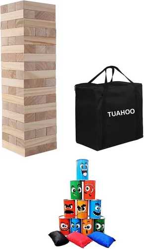 Juegos de torre gigante de volteo de bloques de madera para apilar + juego de lanzamiento de bolsas de frijoles para adultos, niños, diversión