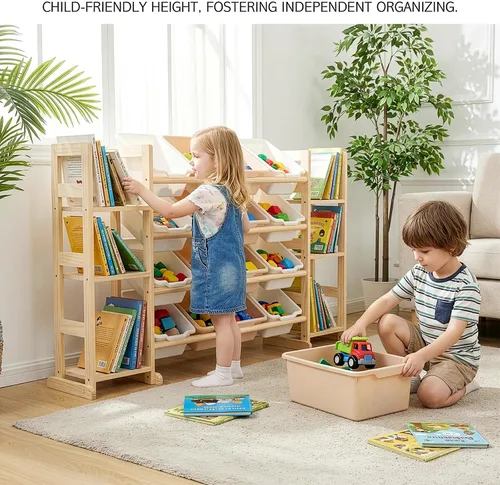 Miniatura 2 de Amdermi Organizador de almacenamiento de juguetes para niños, estantería blanca de 52 pulgadas con 6 estantes con 12 contenedores, organizador