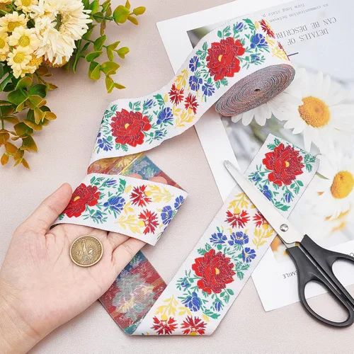 Miniatura 5 de PH PandaHall Cinta de jacquard de 2 pulgadas, 10 yardas, con ribete floral y flecos bordados, cinta mexicana bordada para ropa bohemia, cuello