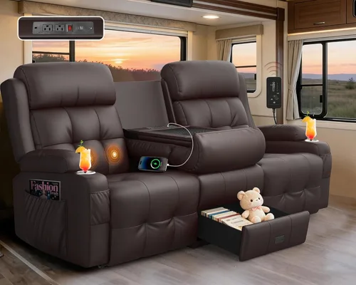 Miniatura 14 de Sofá Reclinable Loveseat para RV, Sofá Reclinable de Masaje de 3 Asientos Abrazador de Pared con USB, Bolsillos Integrados, Portavasos, Sofás Cama