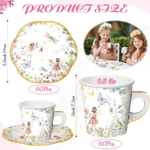 Miniatura 2 de Umigy 60 juegos de decoraciones para fiestas de té, 6.5 onzas, tazas de té de papel floral de hadas con asa y platos, juegos de tazas de té y Azul