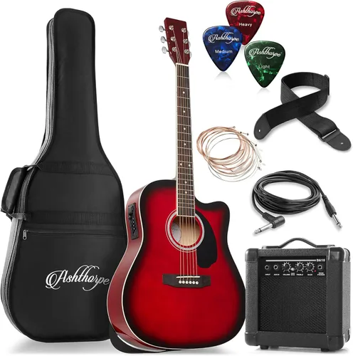 Miniatura 8 de Ashthorpe Paquete de guitarra eléctrica acústica Dreadnought Cutaway de tamaño completo con amplificador de 10 W, color negro