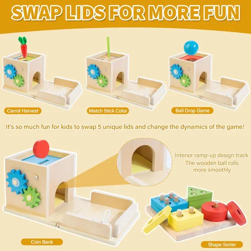 Miniatura 3 de Kizfarm Juguetes Montessori de madera para bebés, kit de juego de madera 8 en 1, incluye caja permanente de objetos, caja de monedas, cosecha
