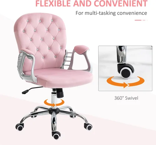Miniatura 6 de Vinsetto Silla de oficina en casa de terciopelo, silla de escritorio con botones copetudos con reposabrazos acolchados, altura ajustable y ruedas