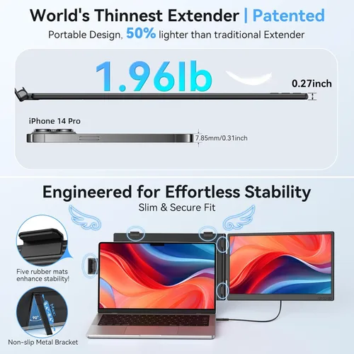 Miniatura 5 de Extensor de pantalla dual para laptop de 14 pulgadas, monitor portátil ultrafino, FHD 1080P USB-C/HDMI Plug & Play, pantalla de viaje ligera