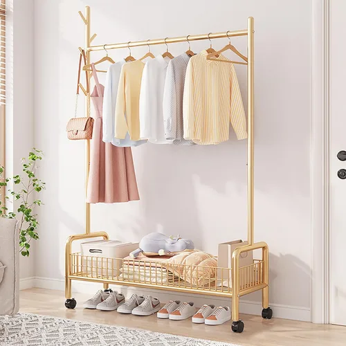 Miniatura 15 de Perchero con estantes de almacenamiento, perchero resistente con ruedas para dormitorio, sala de estar, organización de lavandería