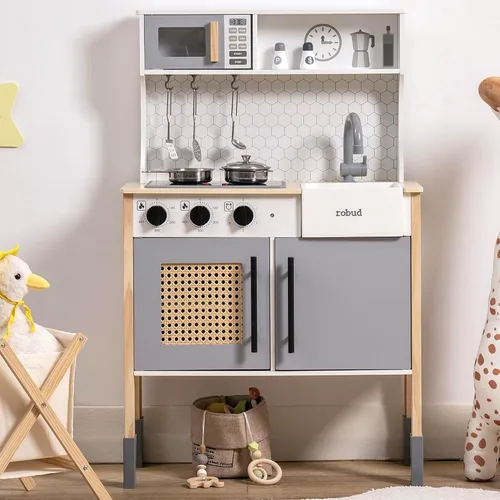 Miniatura 7 de ROBUD Cocina de Juego para Niños, Juego de Cocina de Madera con Sonidos y Luces, Juego de Cocina Moderna Vintage de Simulación para Niños Pequeños