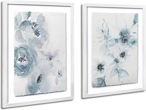 ArtbyHannah Decoración de pared enmarcada para baño, arte de pared azul claro con diseño de borde rasgado y impresiones florales de acuarela, obras