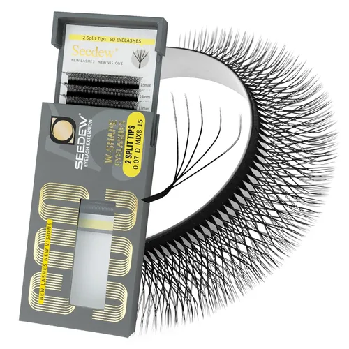 Miniatura 16 de Extensiones de pestañas con doble punta 3D, rizo D de 0.003 in, mezcla de 0.315-0.591 in, 12 filas por bandeja, tallo plano 3DD en forma de W