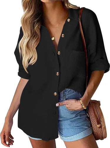 Miniatura 20 de HOTOUCH Camisa de manga larga con botones de lino para mujer, blusa de algodón casual, holgada, con cuello, para trabajo, de gasa, con bolsillo