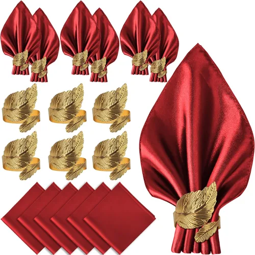 Miniatura 11 de VIJIV Juego de 12 servilletas de tela y juego de 6 anillos de servilleta dorados, 17x17 servilletas de cena cuadradas de satén para mesa, anillos