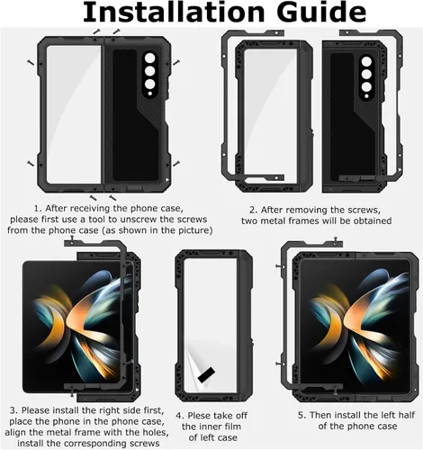 Miniatura 7 de Funda de metal para Samsung Galaxy Z Fold 4 con soporte para bolígrafo S, funda militar resistente Z Fold4 con protector de pantalla integrado, Negro