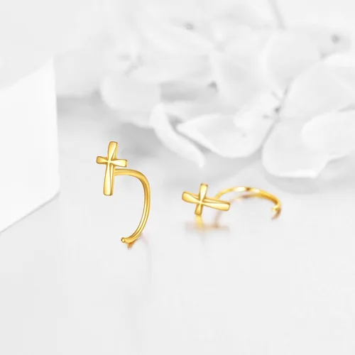 Miniatura 3 de Aretes de aro de medio aro de 14 quilates de oro macizo, aretes de aro Huggie para mujeres y niñas