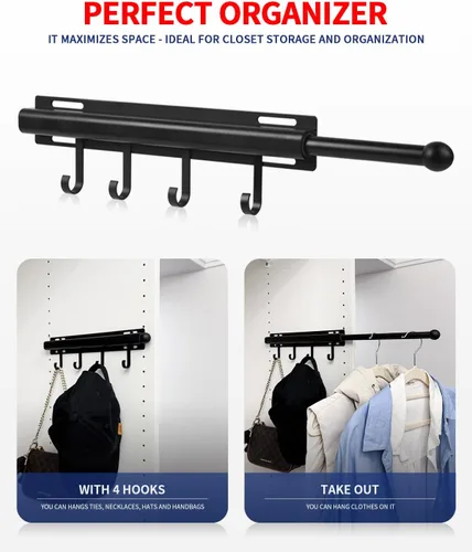 Miniatura 2 de BaiNong Barra de valet de 12 pulgadas para armarios Barra de valet extraíble para armario Deslizante en negro Barra de colgar extraíble para ropa