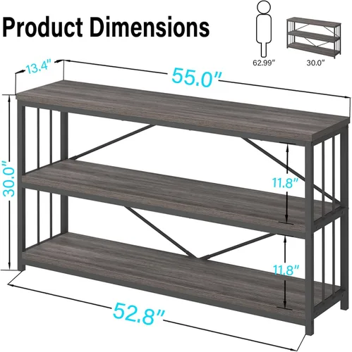 Miniatura 2 de LVB Mesa consola industrial, mesa de sofá de metal y madera, mesa de entrada rústica con almacenamiento, moderno estante de 3 niveles mesa larga
